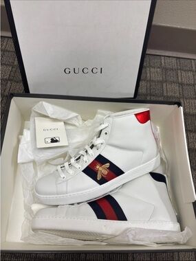 Gucci White Leather High-Top Sneakers with Red & Navy Web